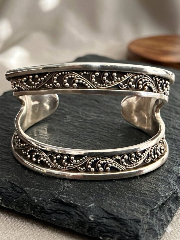 Lois Hill 925 Sterling Silver Bali Granulated Scroll Wide Cuff Bracelet